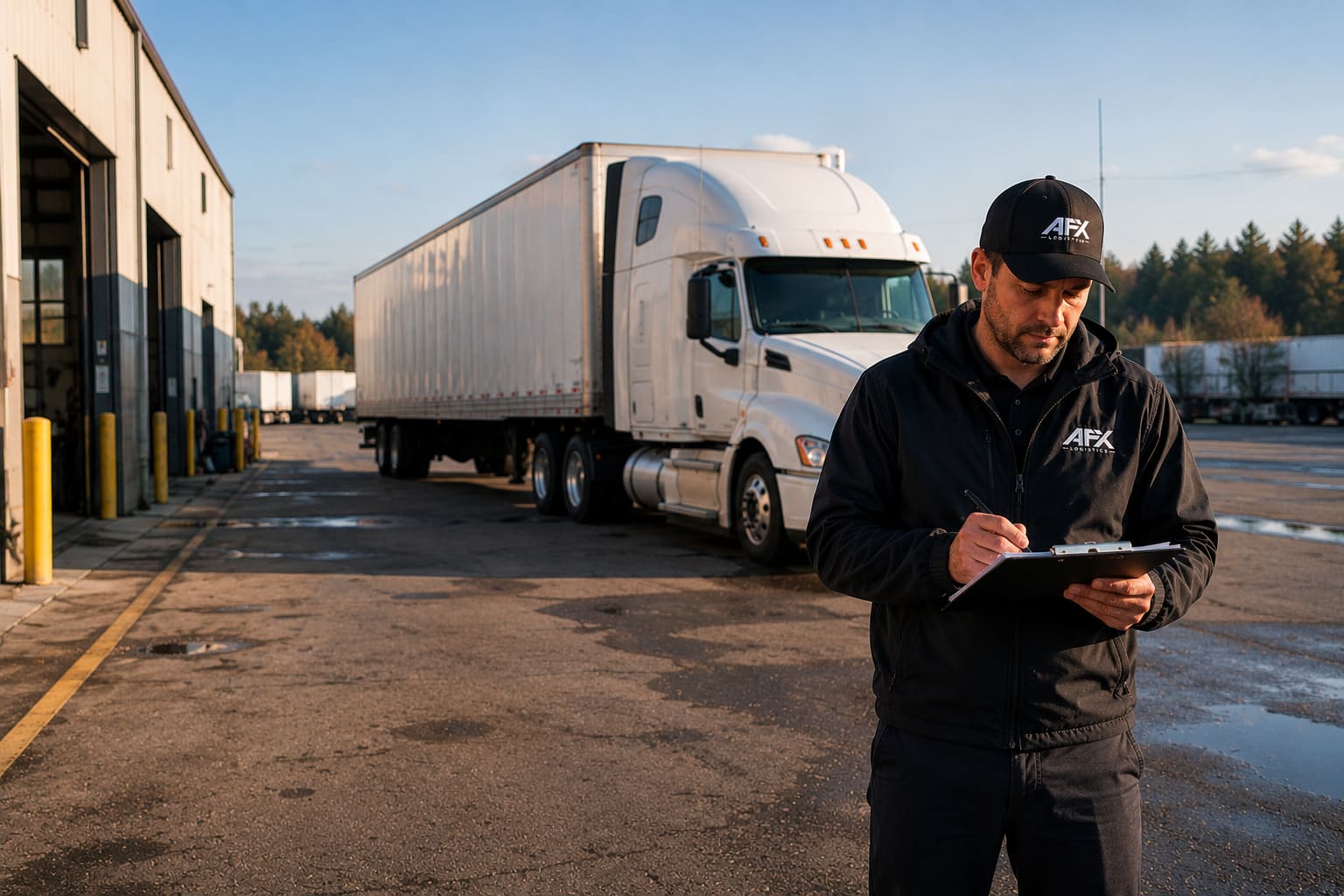 An AFX driver reviewing paperwork in front of a tractor-trailer in the yard