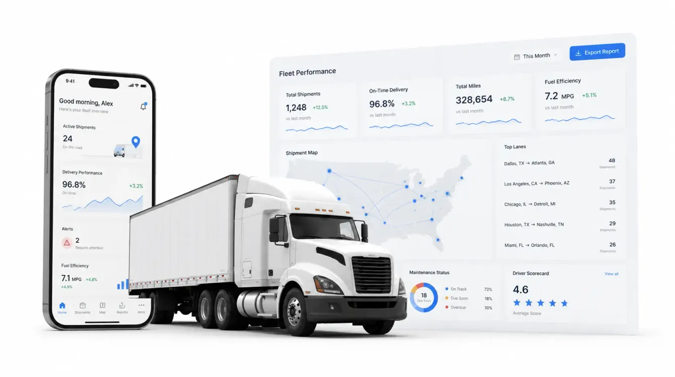 AFX Logistics platform showing live truckload tracking, on-time performance, and lane analytics on desktop and mobile