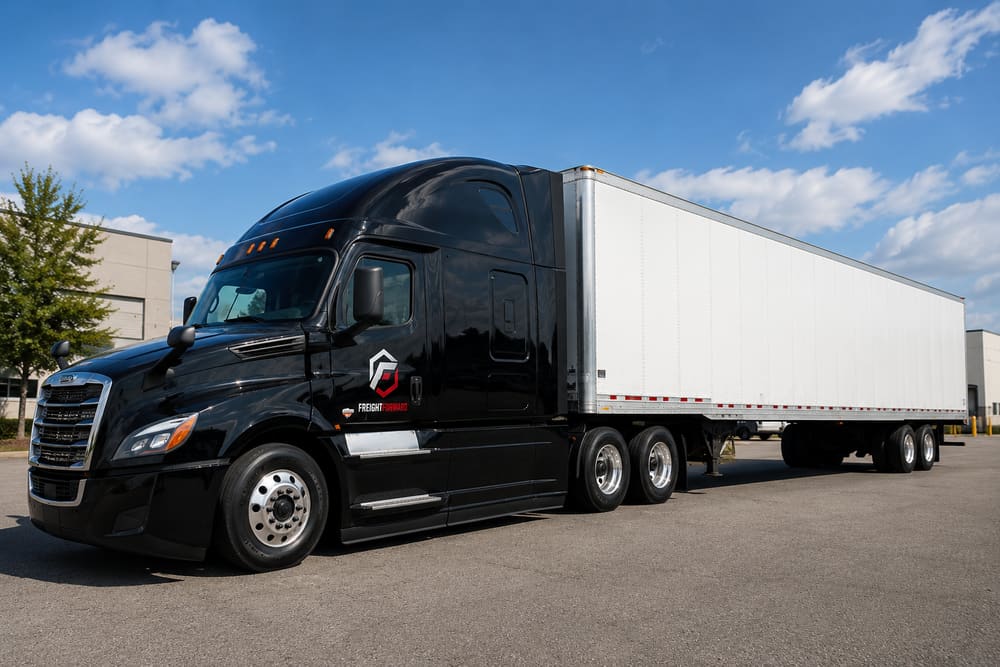 A 53-foot dry van trailer backed into a loading dock