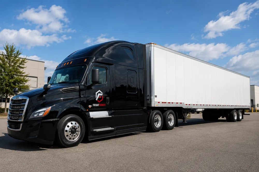 Black semi truck pulling a 53-foot dry van trailer for full truckload freight