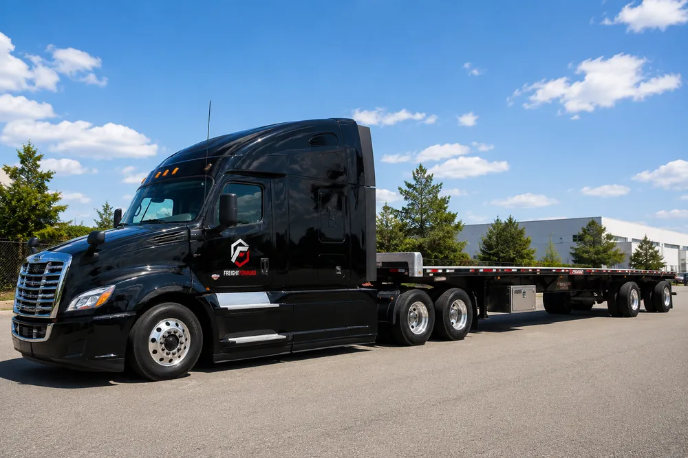 Flatbed trailer loaded with strapped steel for open-deck full truckload shipping