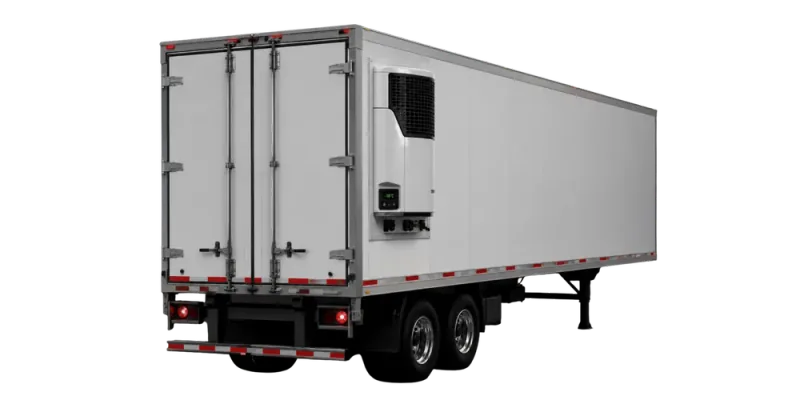 53-foot refrigerated reefer trailer with rear-mounted cooling unit, pre-cooled and ready to load